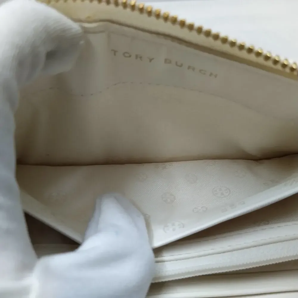 Tory Burch Gemini Ivory Gray Coated Canvas Link Stripe Zip Around Wallet